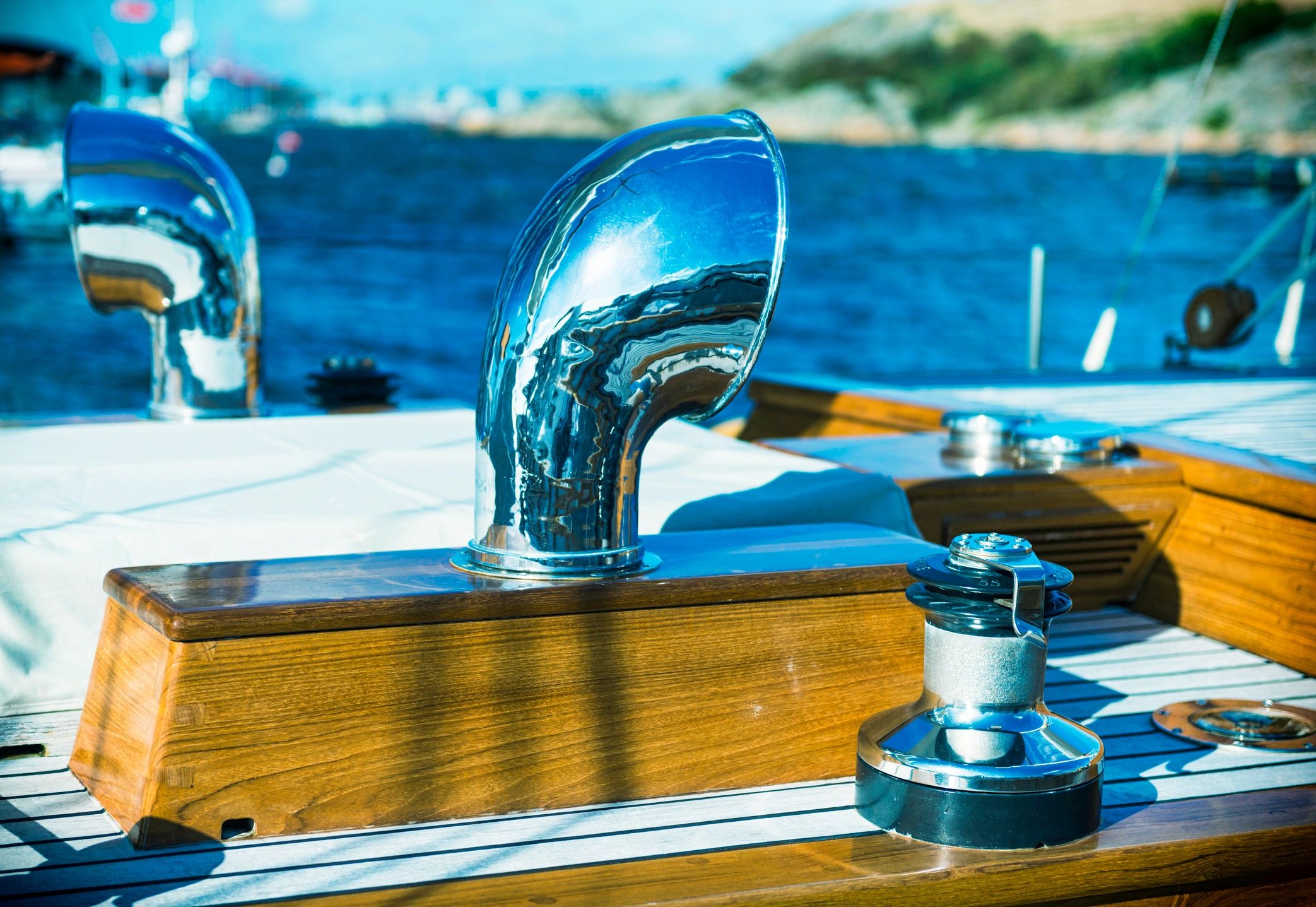 Close-up of polished sailboat detail